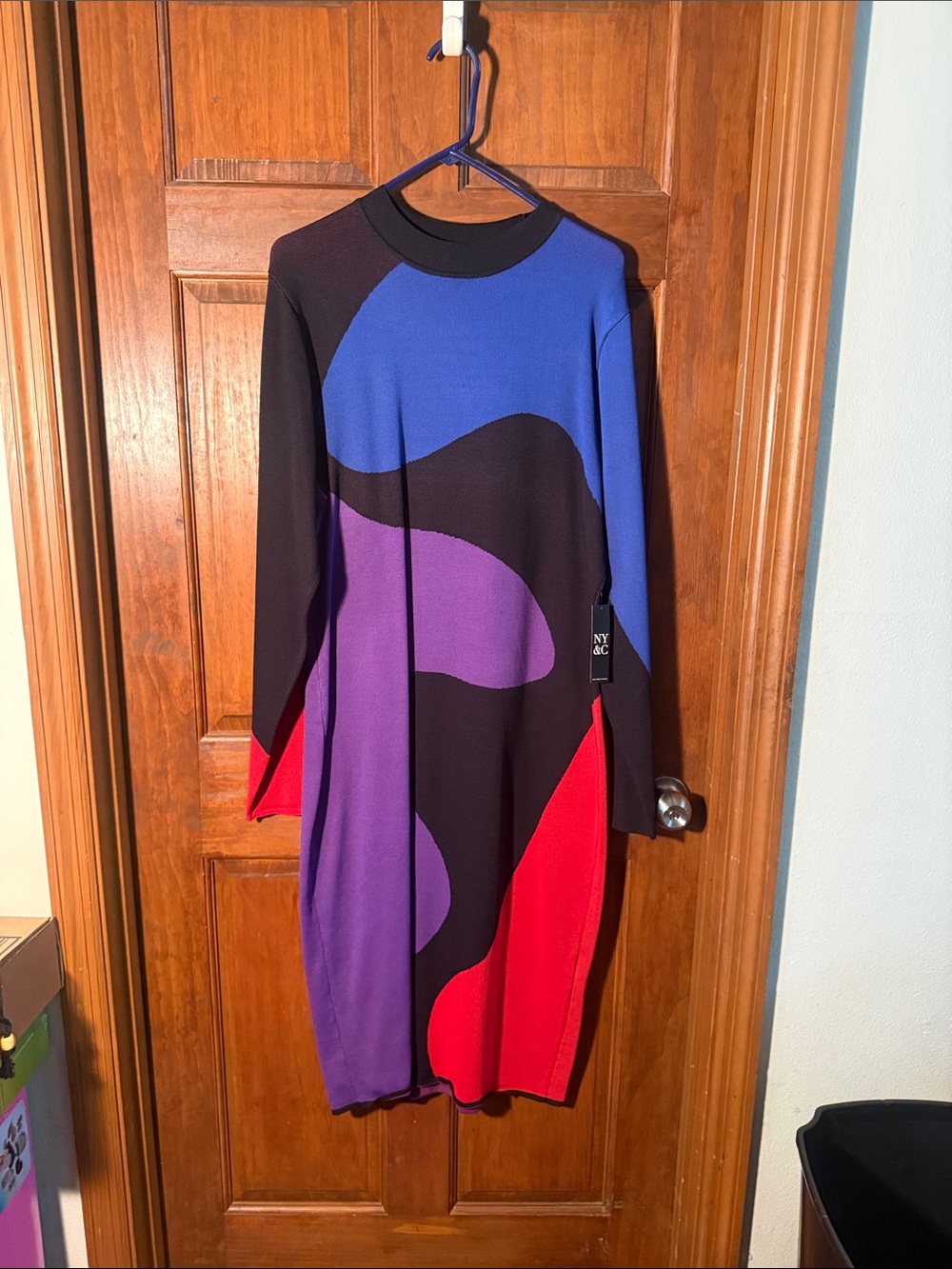 New York & Company Colorblock Long Sleeve Dress in Black, Blue, Purple & Red